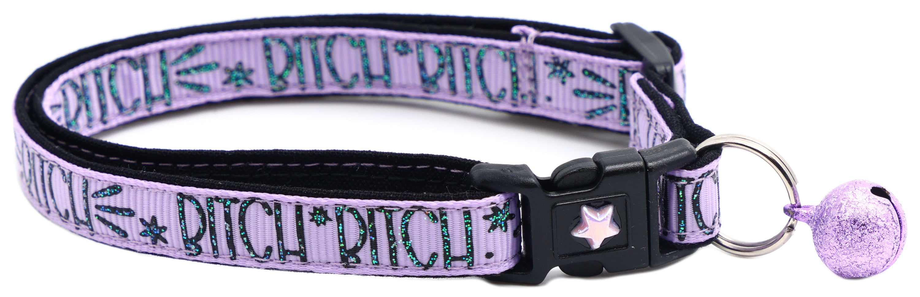 Bitch 2 Breakaway Cat Collar in reinforced cotton with breakaway clips and removable bell, available in various sizes.